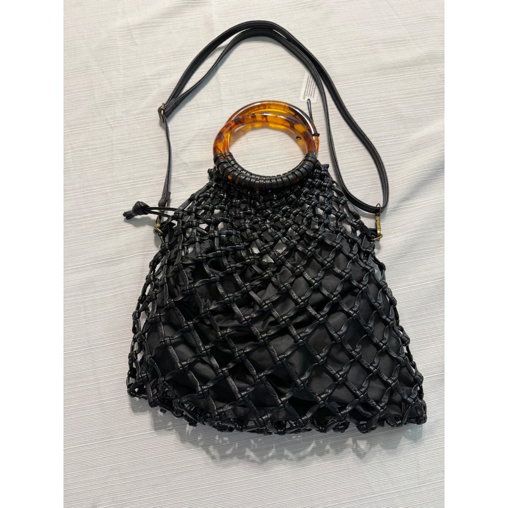 Anthropologie Black Macrame Net‎ Bag Tortoiseshell Ring Handle Crossbody Pouch